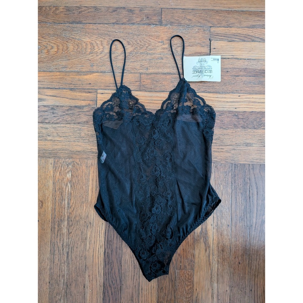 NWT Vintage Lily of‎ France Black Lace Mesh Bodysuit Small